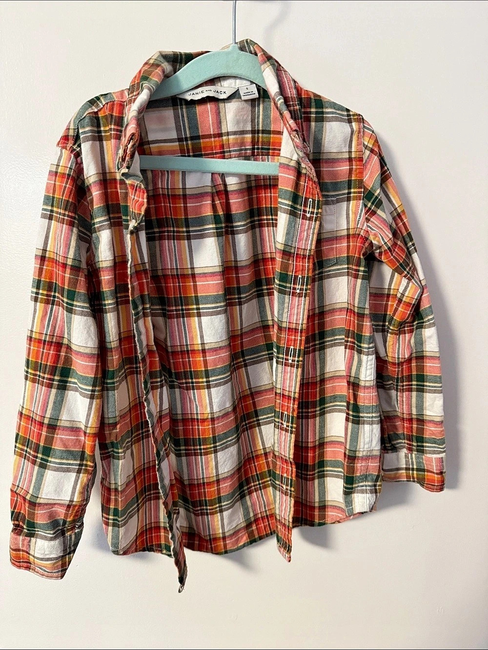 Janie and Jack Plaid Button Down orange/green/white